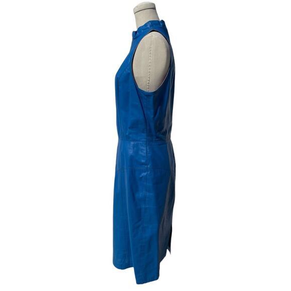 Vintage 80s Ambria Blue Leather Fitted Sleeveless High Neck‎ Dress Size 10 - Picture 4 of 13